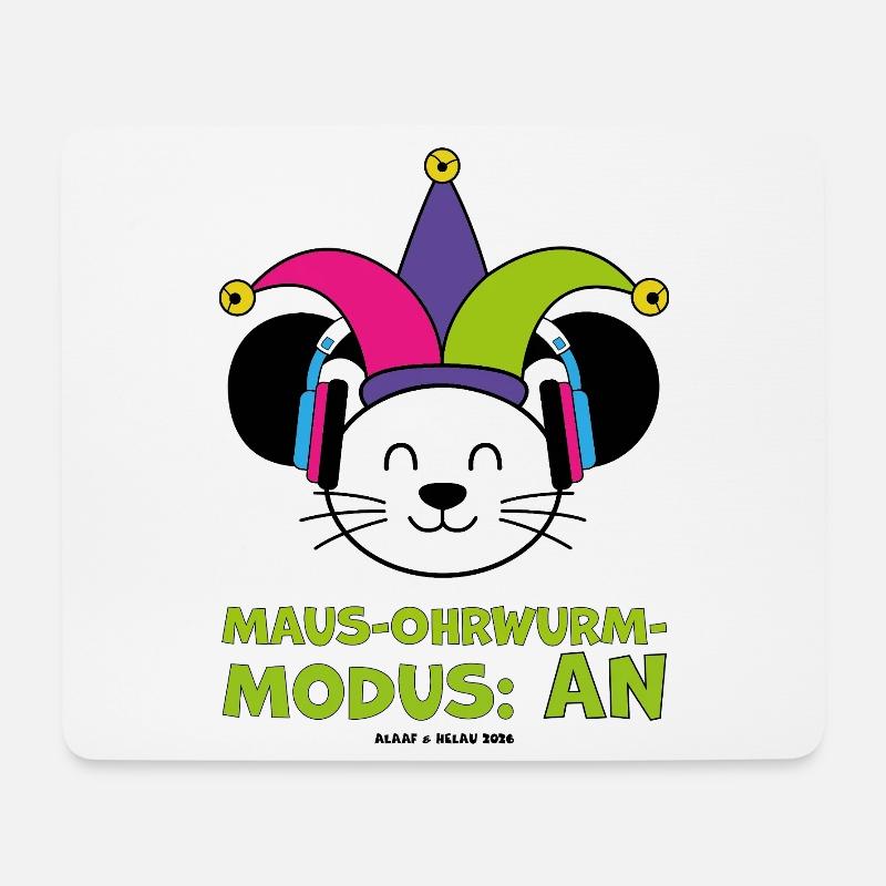 Karnevalsmaus mit Narrenkappe und Kopfhörern - Mousepad (Querformat) - Weiß