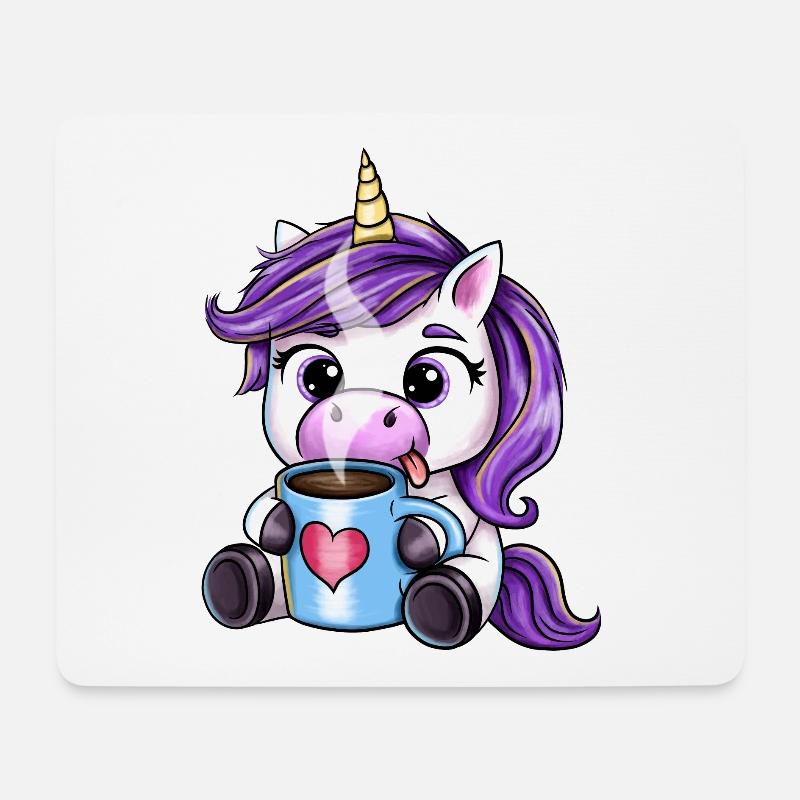 Süßes Einhorn mit Kaffeetasse - Mousepad (Querformat) - Weiß