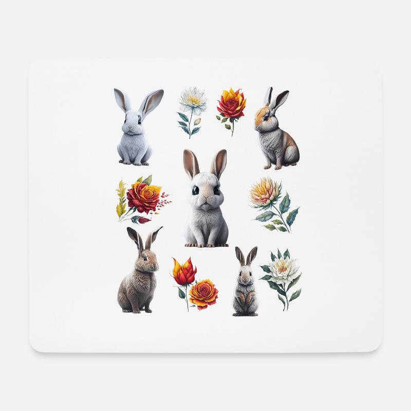 Bezaubernde Kaninchen- und Aquarell-Blumencollage - Mousepad (Querformat) - Weiß