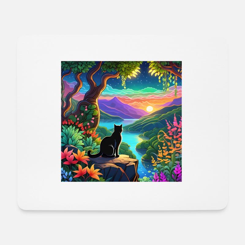Katze in einer verspielt bunten Landschaft - Mousepad (Querformat) - Weiß