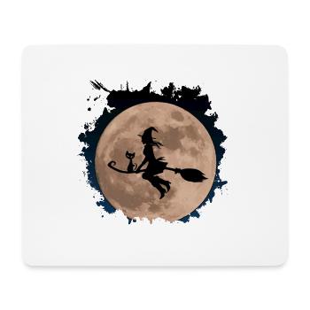 Sorcière avec chat doux « Catrina » sur balai avec la lune - Tapis de souris (format paysage) - blanc - Devant
