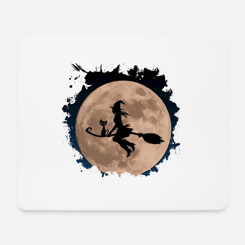 Hexe mit süßer Katze "CatRina" auf Besen mit Mond - Mousepad (Querformat) - Weiß