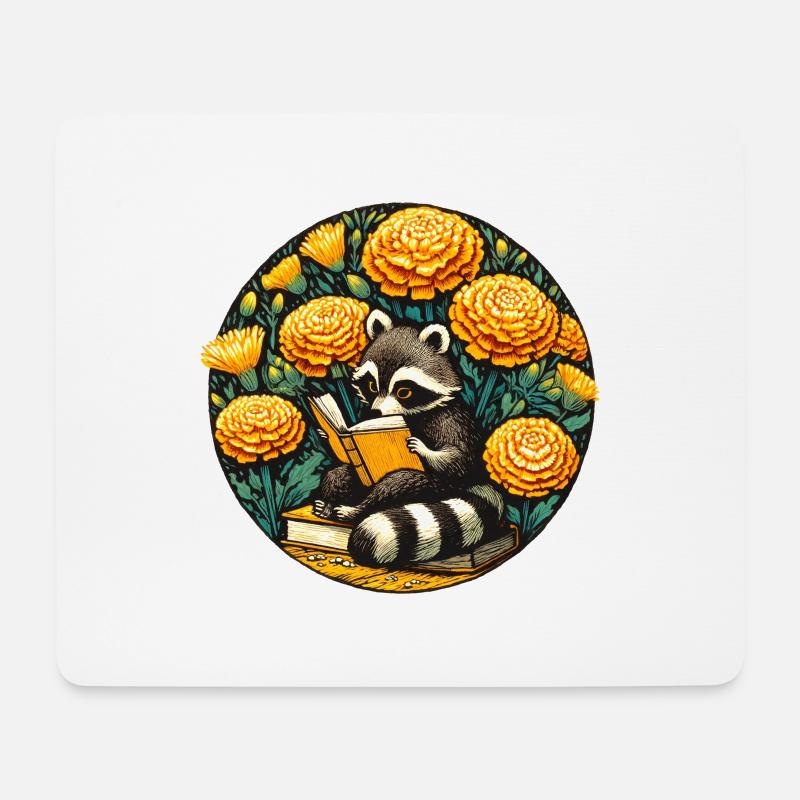 Lesewaschbär mit Ringelblumen - Mousepad (Querformat) - Weiß