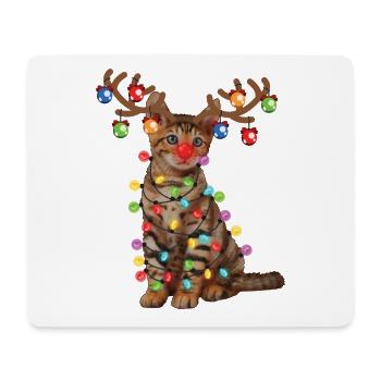 Chat jouet de Noël au chapeau de Père Noël et lumières de Noël - Tapis de souris (format paysage) - blanc - Devant