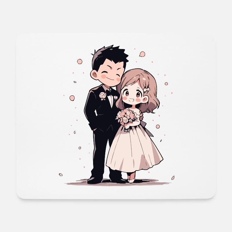 Hochzeit Aquarell Anime Chibi Braut und Bräutigam - Mousepad (Querformat) - Weiß
