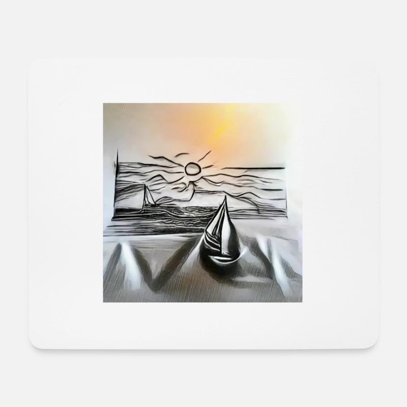 Zeichnung eines Segelbootes bei Sonnenuntergang über dem Meer - Mousepad (Querformat) - Weiß