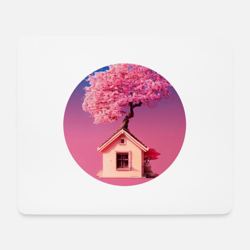 Feenhaus umgeben von rosa Sakura-Bäumen - Mousepad (Querformat) - Weiß