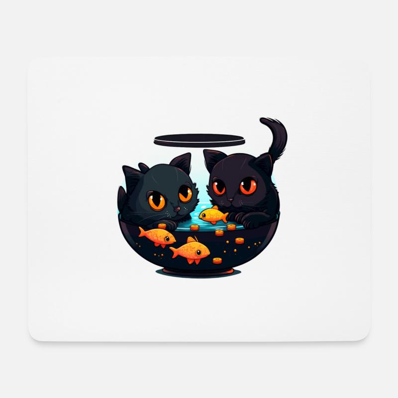 Schwarze Katze Kater Kätzchen Goldfische - Mousepad (Querformat) - Weiß