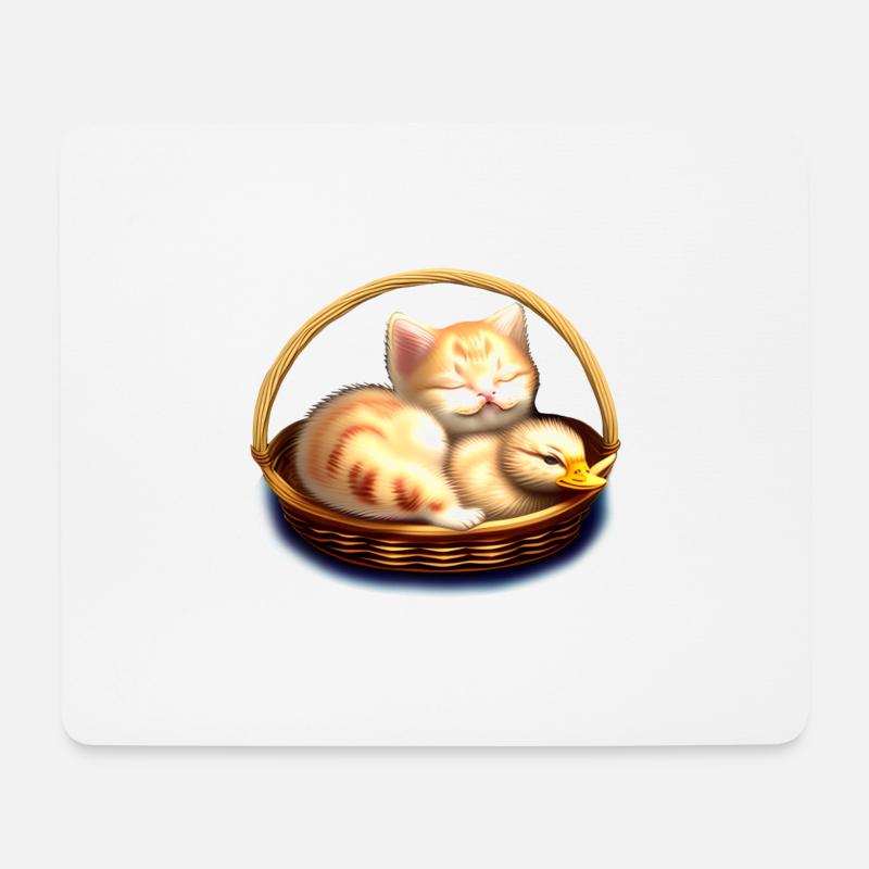 Katze schläft mit Küken im Korb - Mousepad (Querformat) - Weiß