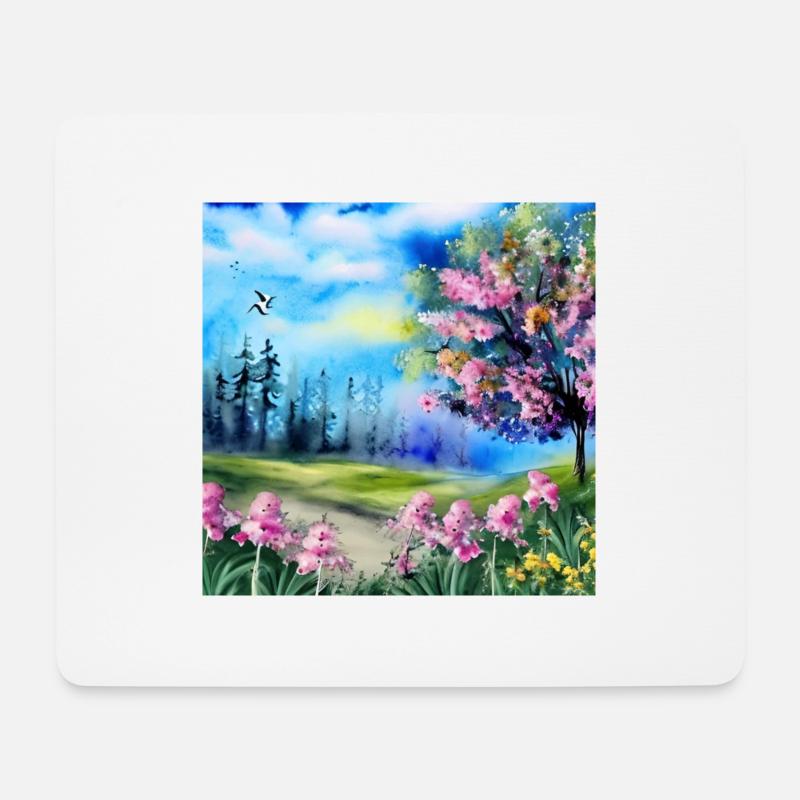 Aquarell Natur und Wald Blumenwiese Vögel und Baum - Mousepad (Querformat) - Weiß