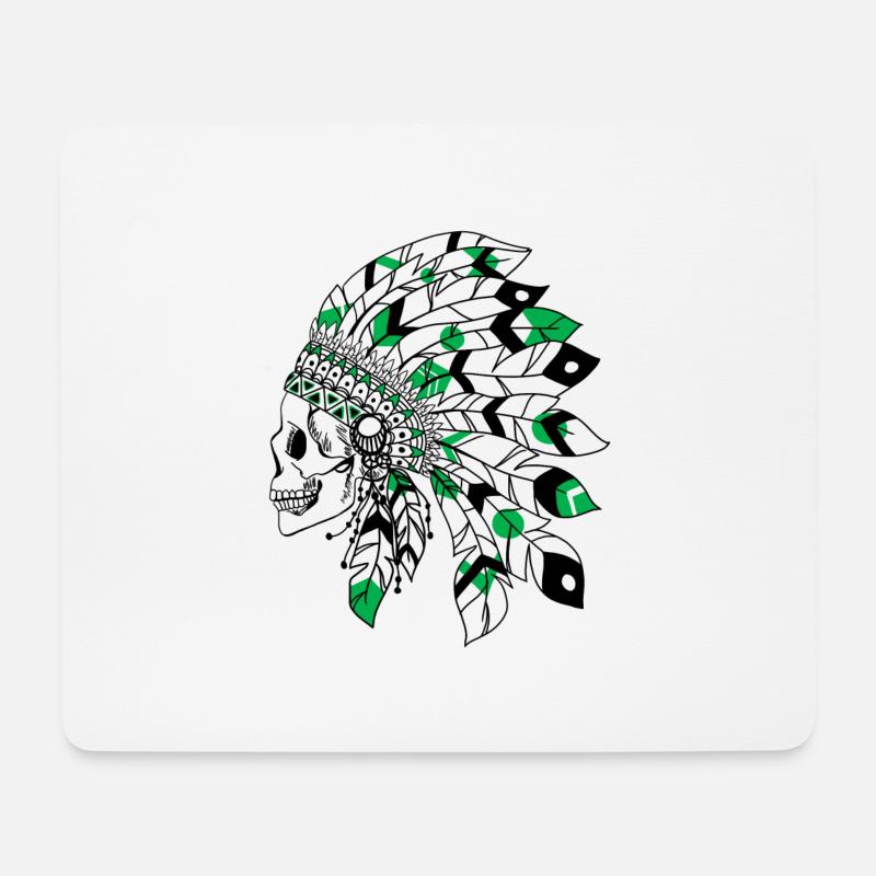 Totenkopf mit schwarz-grünem Indianerkopfschmuck - Mousepad (Querformat) - Weiß