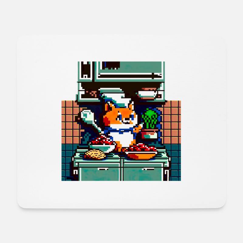 8 Bit kochende Hauskatze mit Kochlöffel in Küche - Mousepad (Querformat) - Weiß