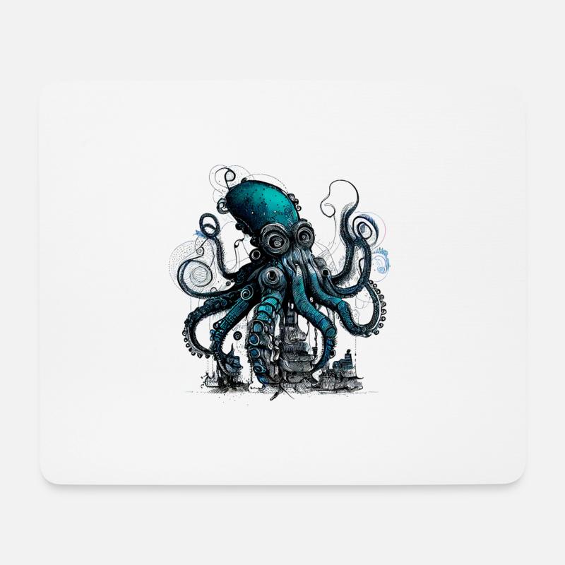 Steampunk Riesenkraken über kleinem Dorf - Mousepad (Querformat) - Weiß