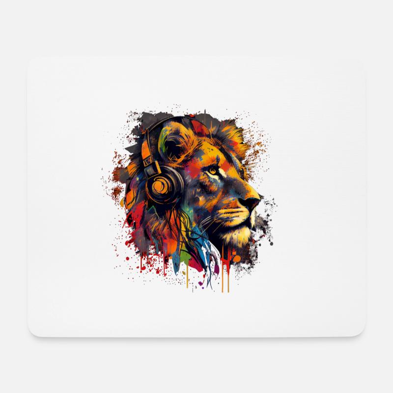 Löwe mit Kopfhörern - Mousepad (Querformat) - Weiß