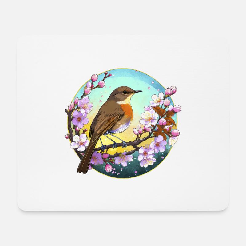 A robin on a cherry blossom branch - Mouse Pad (horizontal) - white