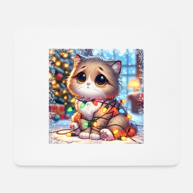 Süße Weihnachtskatze - Lichterketten-Chaos im - Mousepad (Querformat) - Weiß