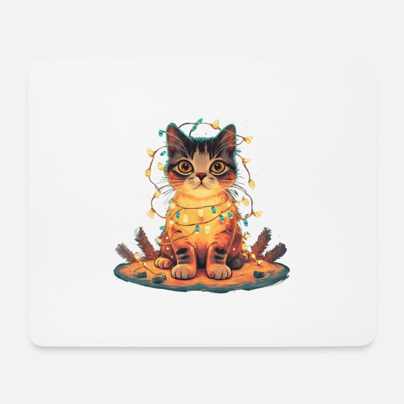 Katze mit Lichterkette - Mousepad (Querformat) - Weiß