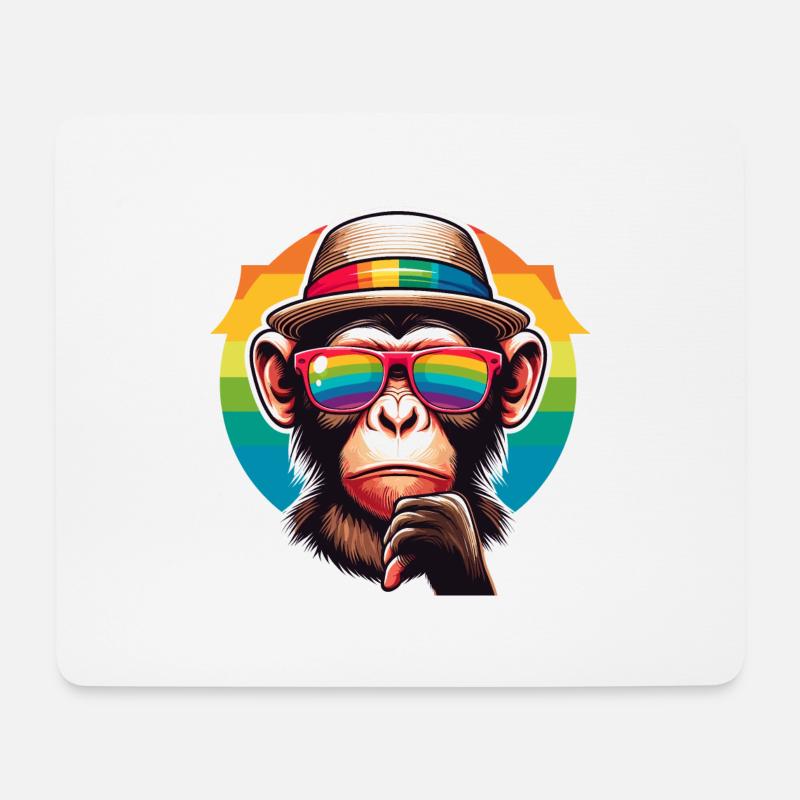 Verspielter Affe mit Hut und Regenbogen-Sonnenbril - Mousepad (Querformat) - Weiß