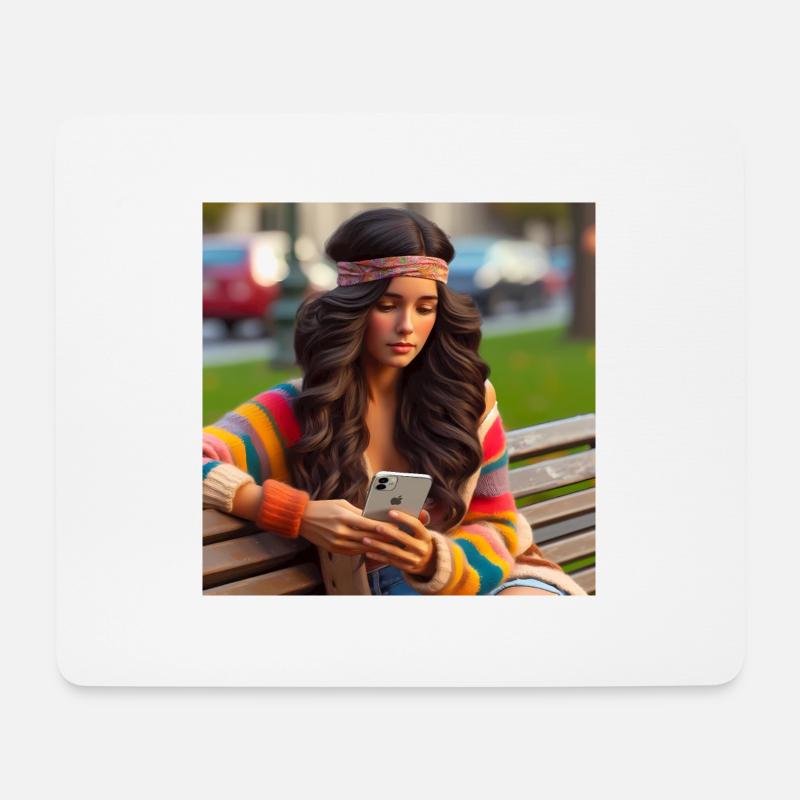 80er junge Frau mit auf Parkbank mit Smartphone - Mousepad (Querformat) - Weiß