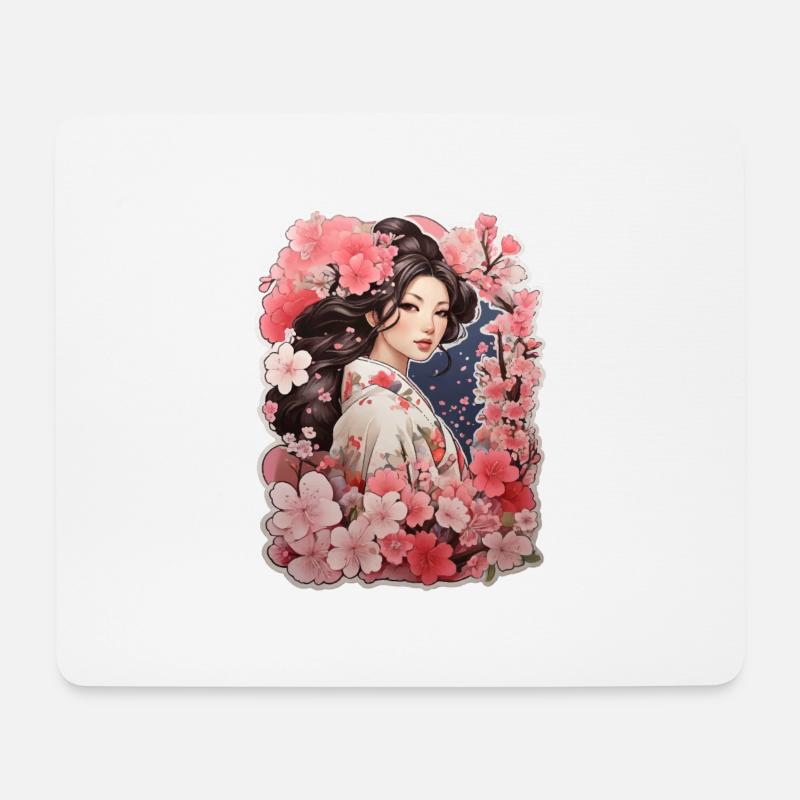 Woman in kimono with cherry and plum patterns - Mouse Pad (horizontal) - white