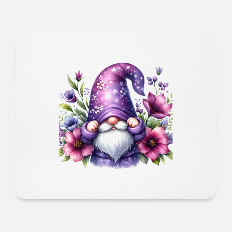 Gnome - Gartenzwerg in Lila mit Blumen - Mousepad (Querformat) - Weiß