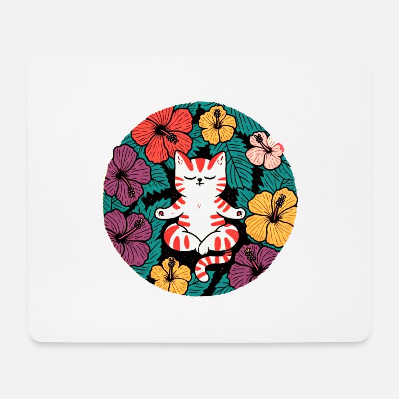 Zen-Hibiskus-Katze - Mousepad (Querformat) - Weiß
