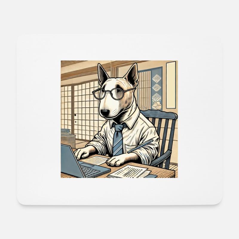 Bullterrier am Schreibtisch - Ukiyo-e Stil - Mousepad (Querformat) - Weiß