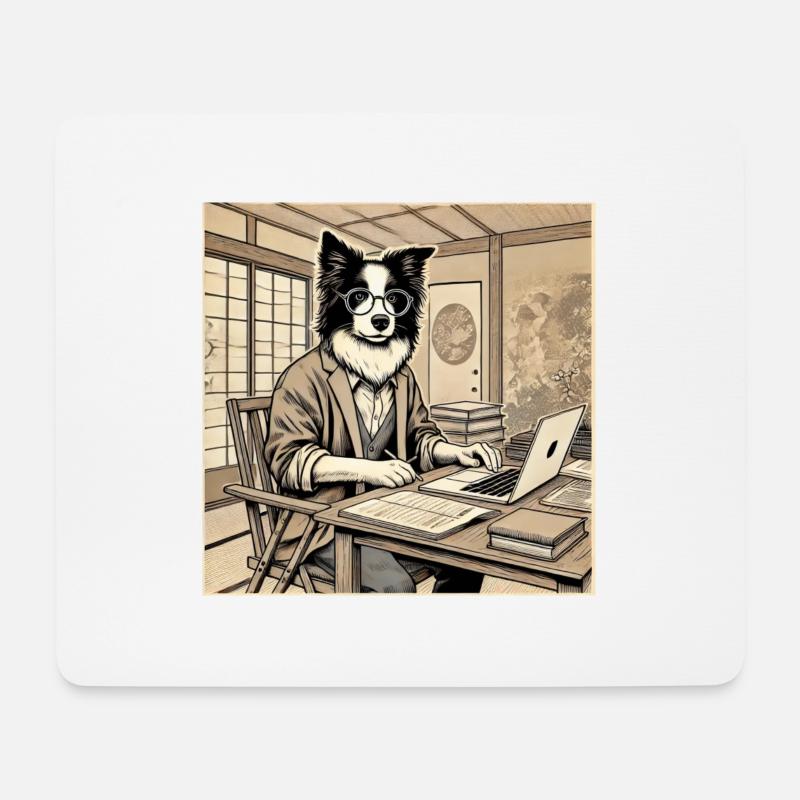 Border Collie at the Desk - Ukiyo-e Style - Mouse Pad (horizontal) - white