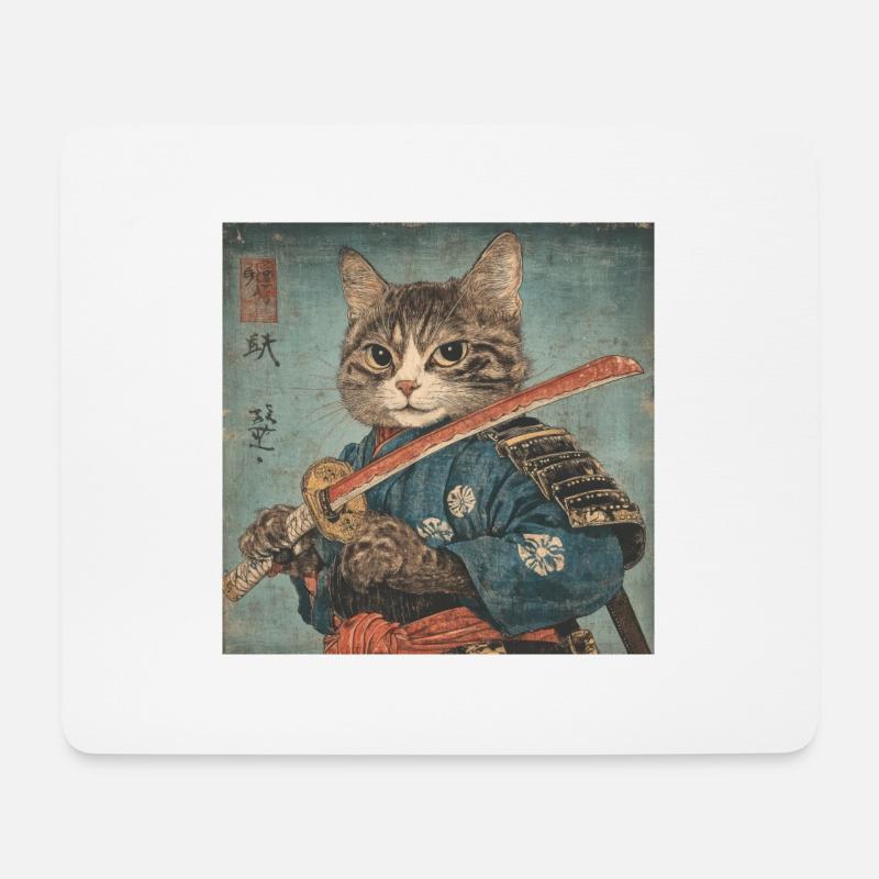 Katze Samurai Japan Ukiyo-E - Mousepad (Querformat) - Weiß