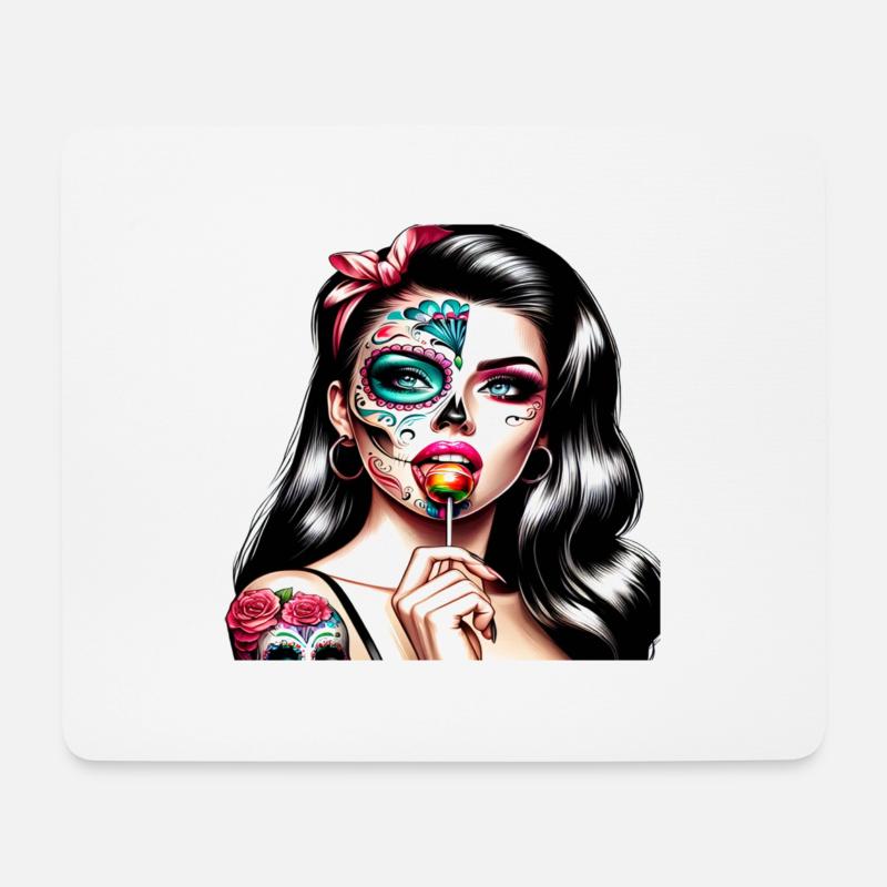 Kunstvolle Sugar Skull Frau mit Retro-Vibe - Mousepad (Querformat) - Weiß