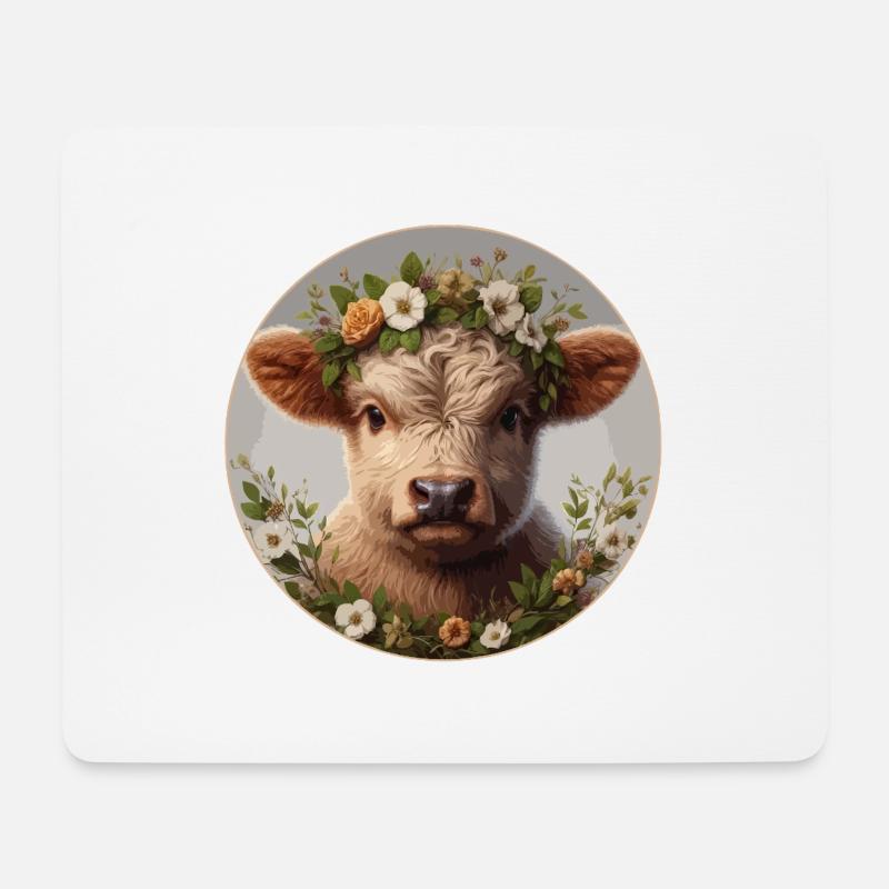 Highlander-Kalb mit Blumen - Mousepad (Querformat) - Weiß