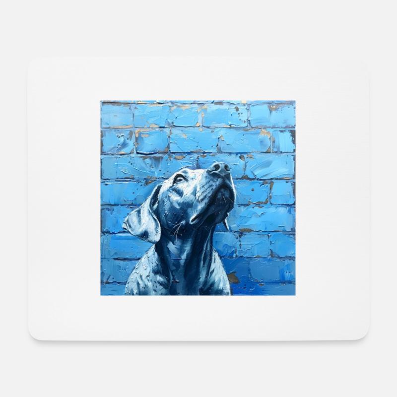 Hund vor blauer Wand treu hinauf blickend - Mousepad (Querformat) - Weiß