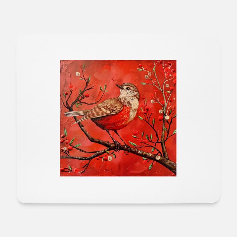 Singvogel Ast filigran Rottöne Zeichnung niedlich - Mousepad (Querformat) - Weiß