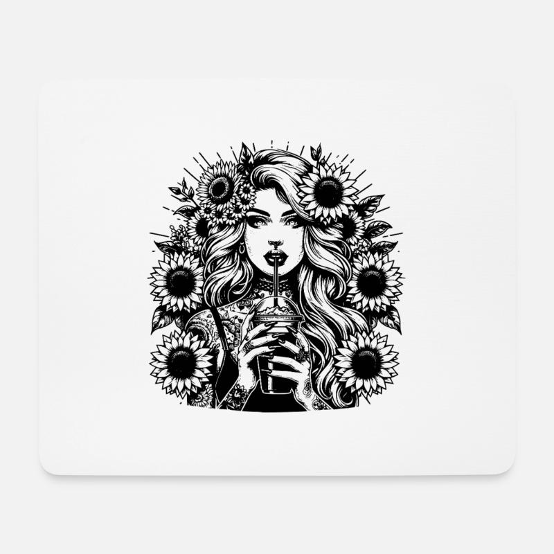 Frau mit Blumen – Line Art Clipart - Mousepad (Querformat) - Weiß