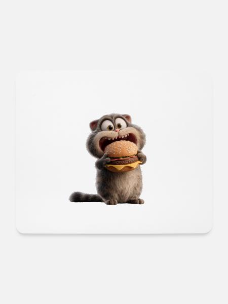 Cat with Burger Hungry Funny Food Bowl Animal - Mouse Pad (horizontal) - white