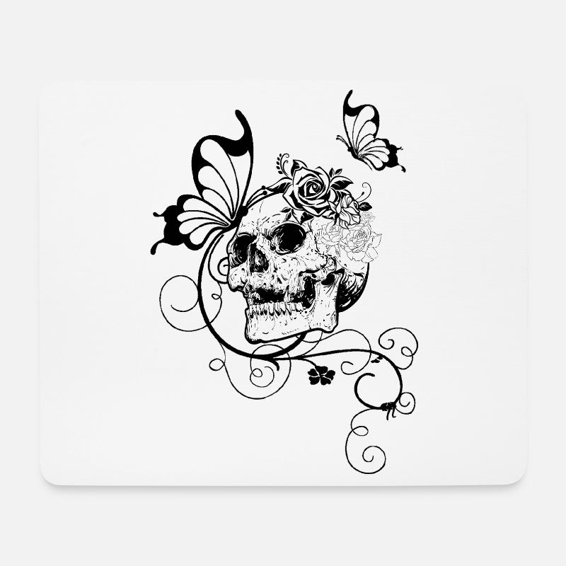 Schädel mit Rosen und Schmetterlingen - Mousepad (Querformat) - Weiß