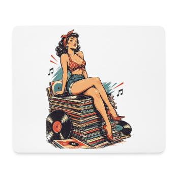 Retro Pin-Up auf riesigem Schallplatten-Stapel - Mousepad (Querformat) - Weiß - Vorne
