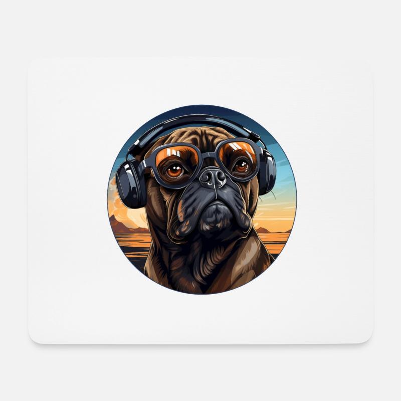 Mops Kopfhörer Sonnenbrille Vintage - Mousepad (Querformat) - Weiß