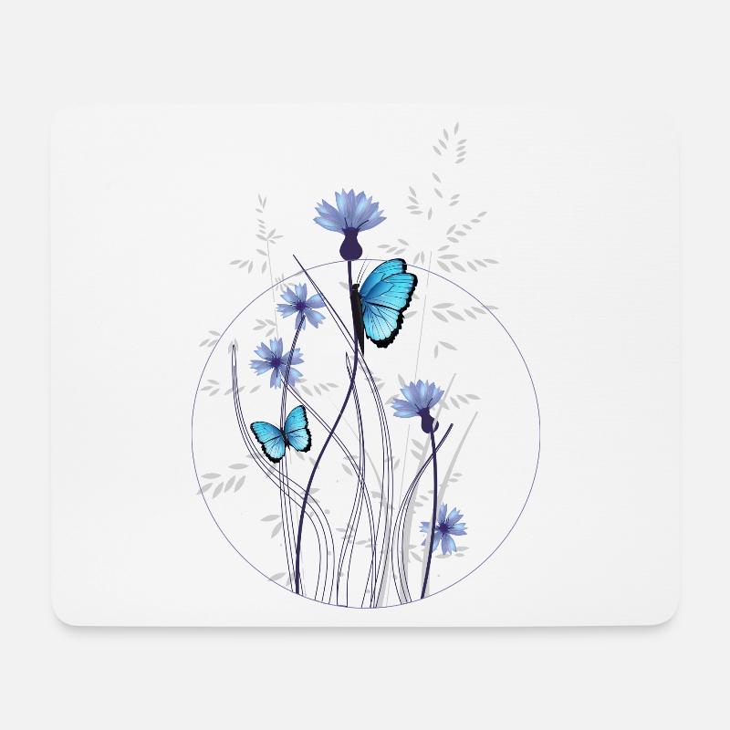 zarte Gräser,Kornblumen und Schmetterlinge - Mousepad (Querformat) - Weiß