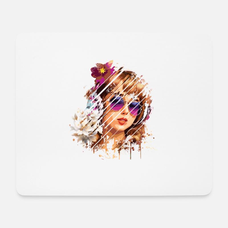 Femme rétro fleurs et lunettes violettes - Tapis de souris (format paysage) - blanc