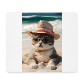 Chat cool sur la plage avec lunettes de soleil et chapeau - Tapis de souris (format paysage) - blanc - Devant