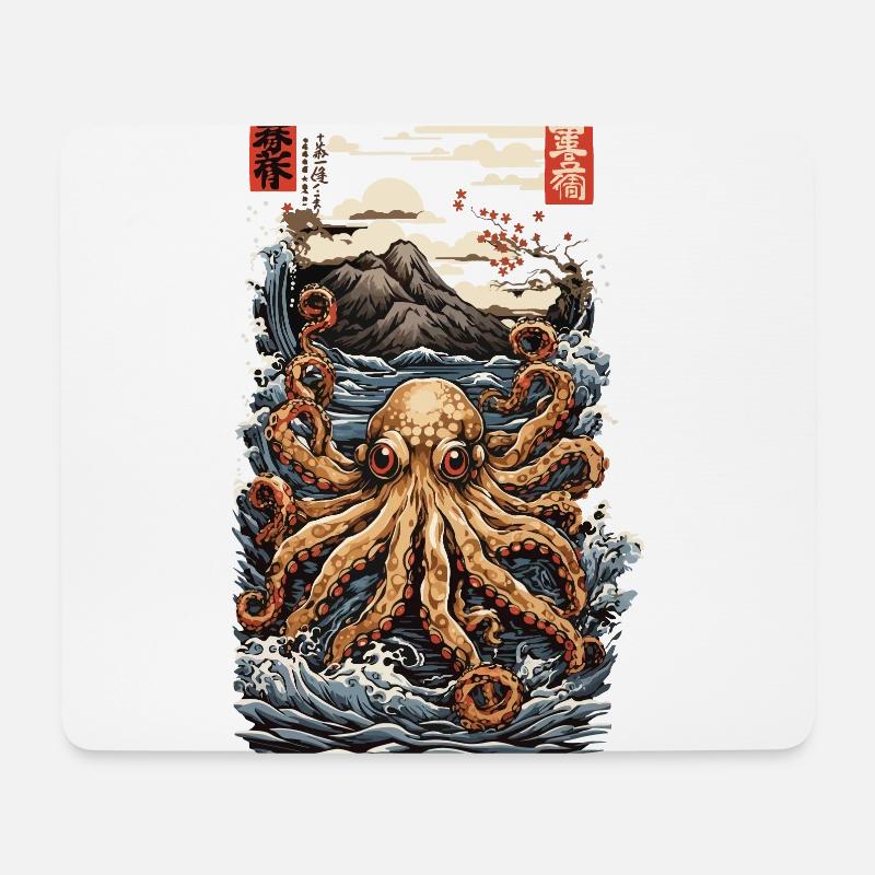 Japanischer Ukiyo-E Kraken Ästhetik Stil mit Kanji - Mousepad (Querformat) - Weiß