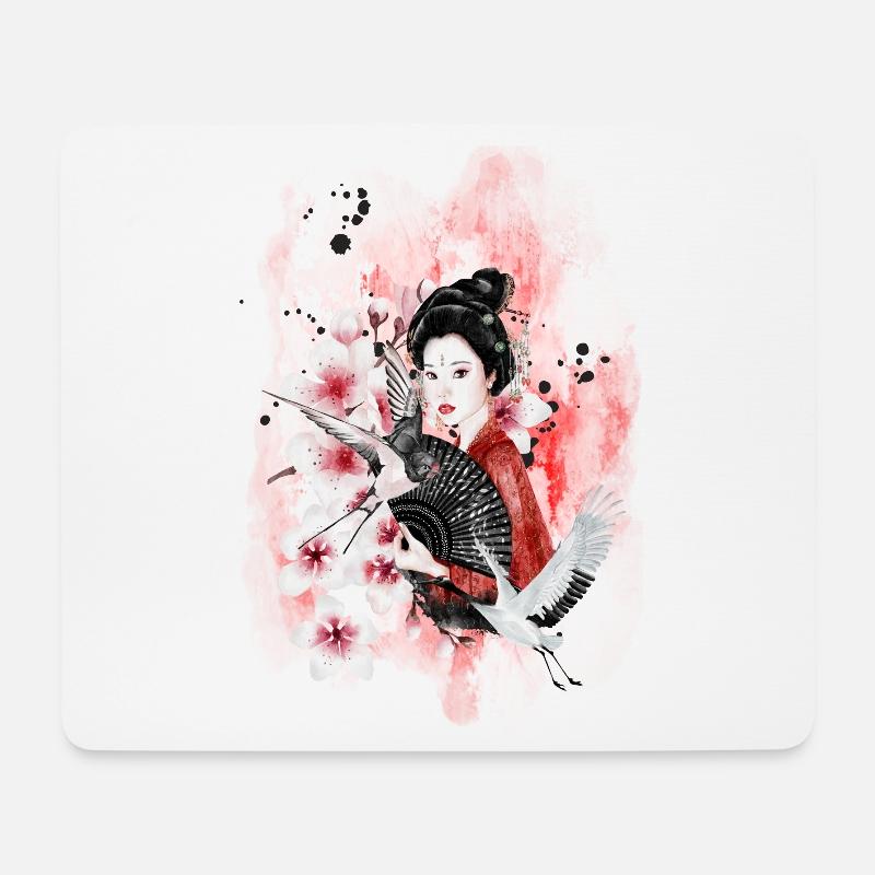 Geisha Sakura Japanisches Motiv Aquarell - Mousepad (Querformat) - Weiß