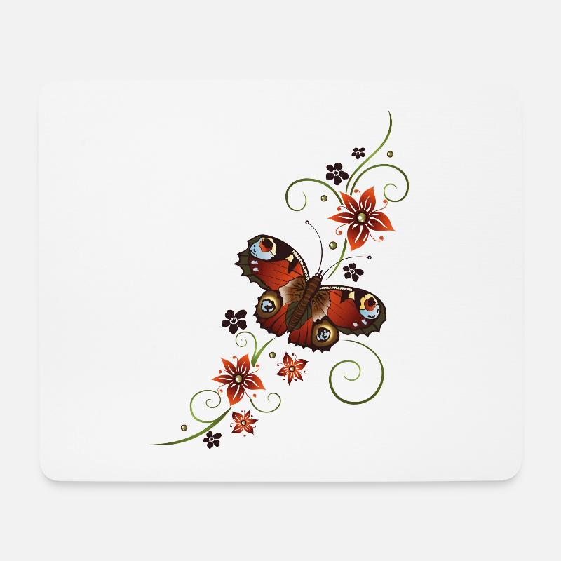 Tagpfauenauge mit Blumen und Tribal - Mousepad (Querformat) - Weiß