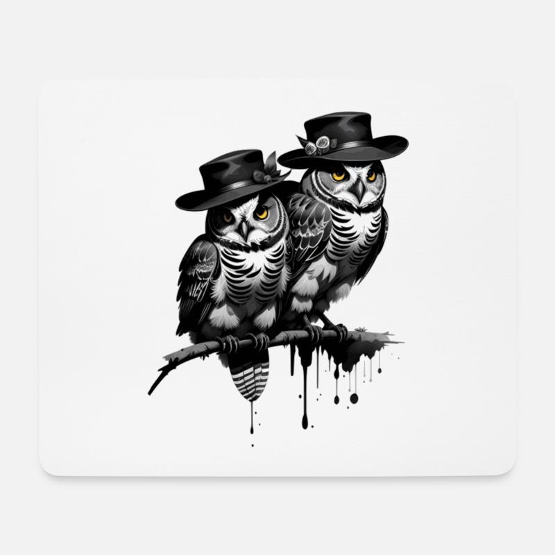 Eulen mit Hut - Mousepad (Querformat) - Weiß