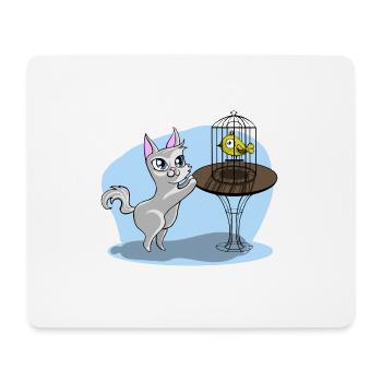Katze mit Vogel - Mousepad (Querformat) - Weiß - Vorne