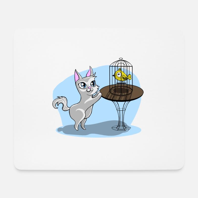 Katze mit Vogel - Mousepad (Querformat) - Weiß