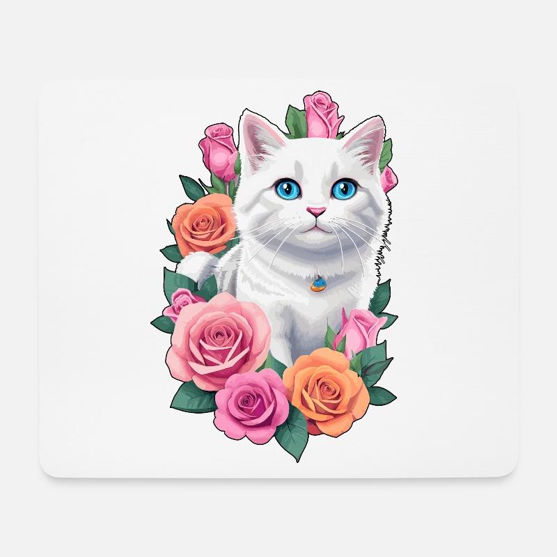 Katze mit Rosen - Mousepad (Querformat) - Weiß