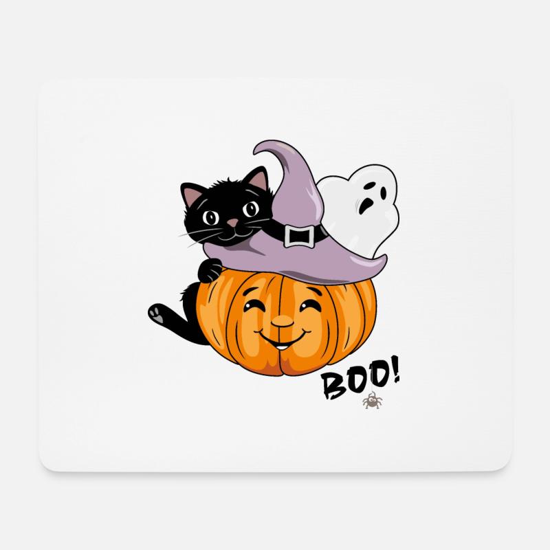 Smiling pumpkin with black cat and ghost - Mouse Pad (horizontal) - white