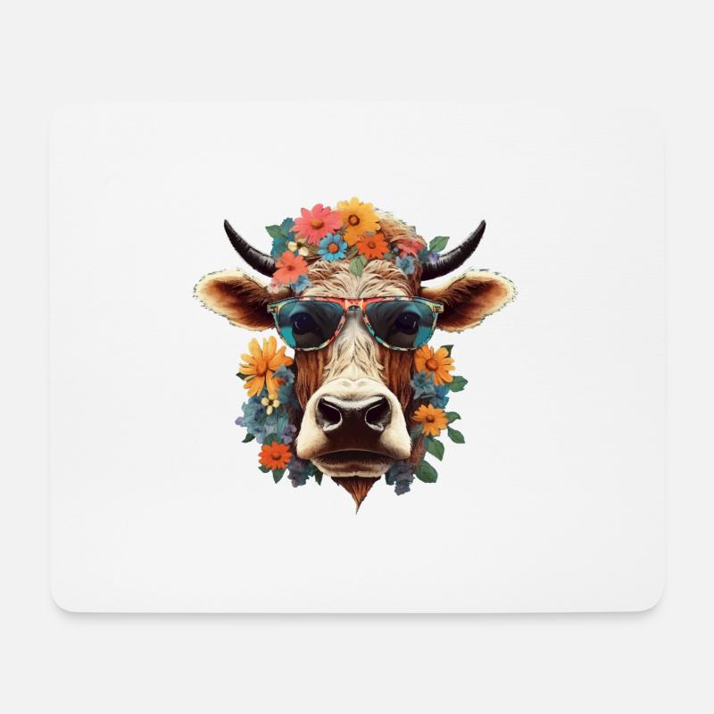 Coole Kuh mit Sonnenbrille & Blumen Landwirt Bauer - Mousepad (Querformat) - Weiß